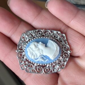 Antique Silver White and Blue Lady Cameo Brooch
